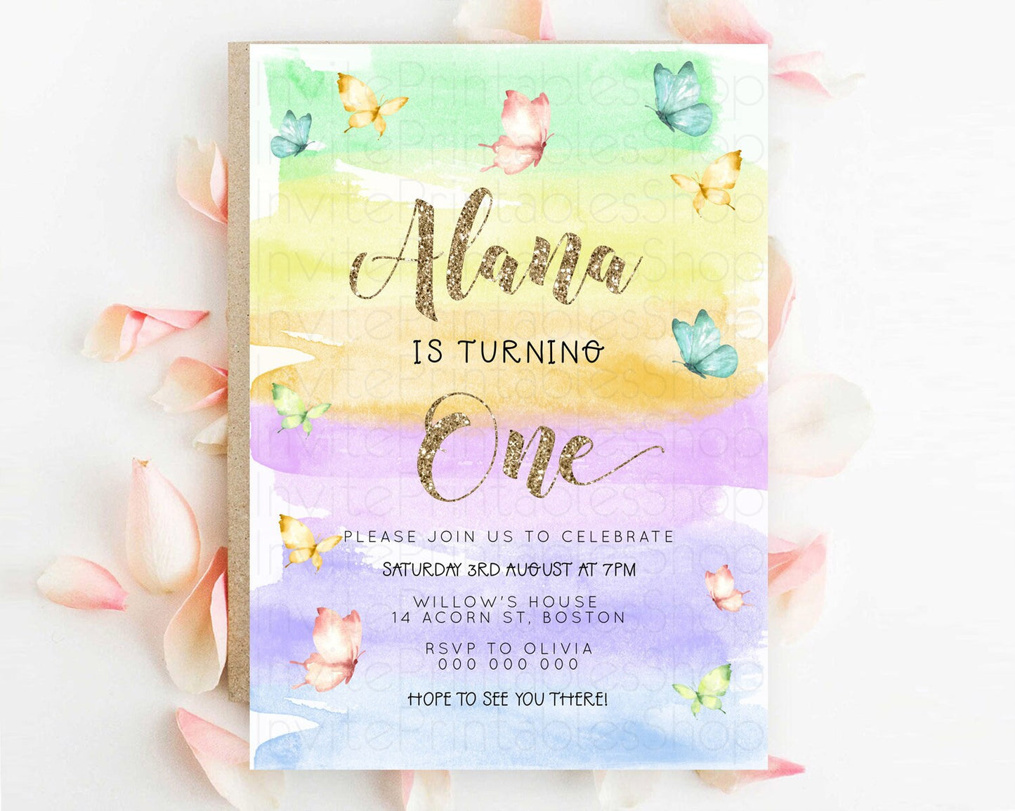 Pastel Butterfly Birthday Invitation Butterfly Birthday Invitation Colorful Splash Glitter Butterfly Garden 1st 2nd Birthday D23228