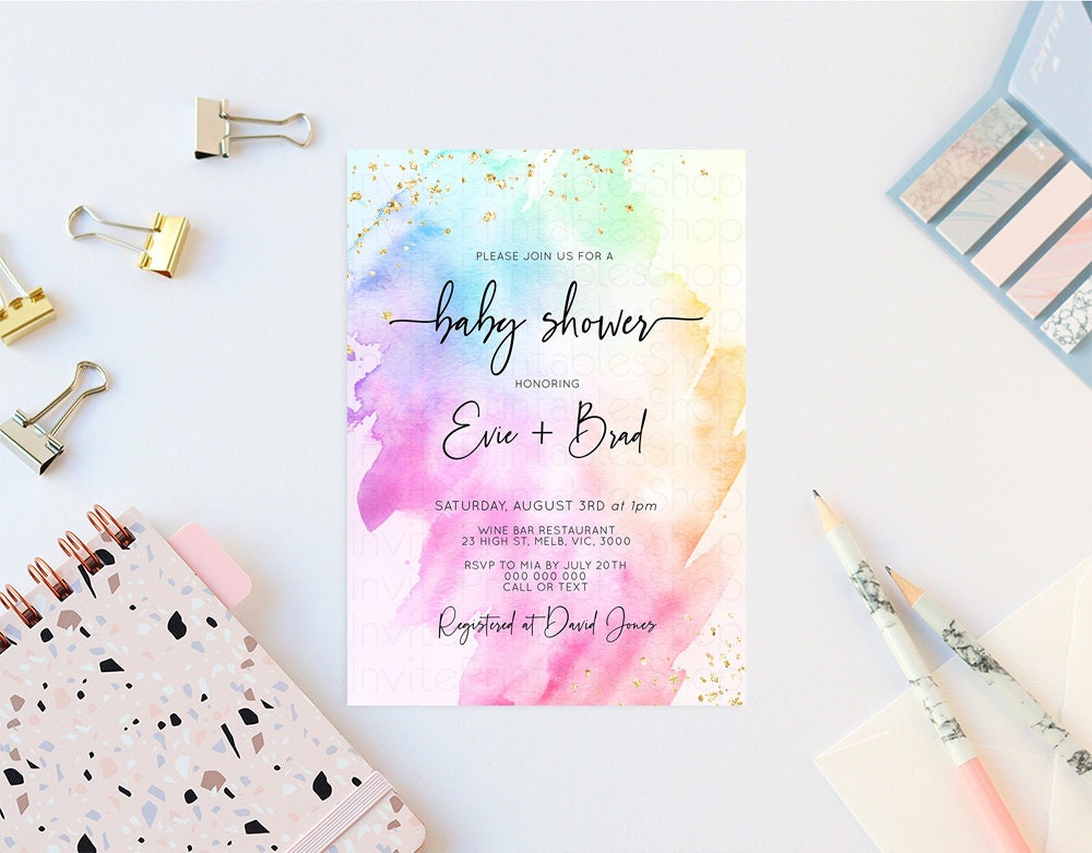 Rainbow Baby Shower Invitation Pastel Watercolor Invitation Colorful Splash Invite Gold Sprinkles Invite Gold Glitter Confetti Invite 504