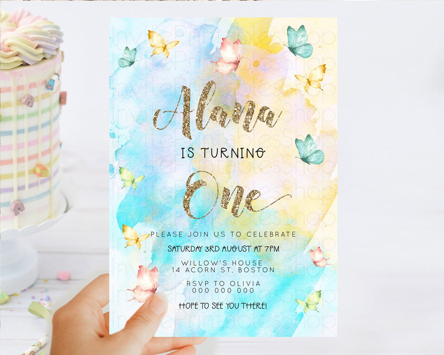 Pastel Butterfly Birthday Invitation Butterfly Birthday Invitation Colorful Splash Glitter Butterfly Garden 1st 2nd Birthday D23254