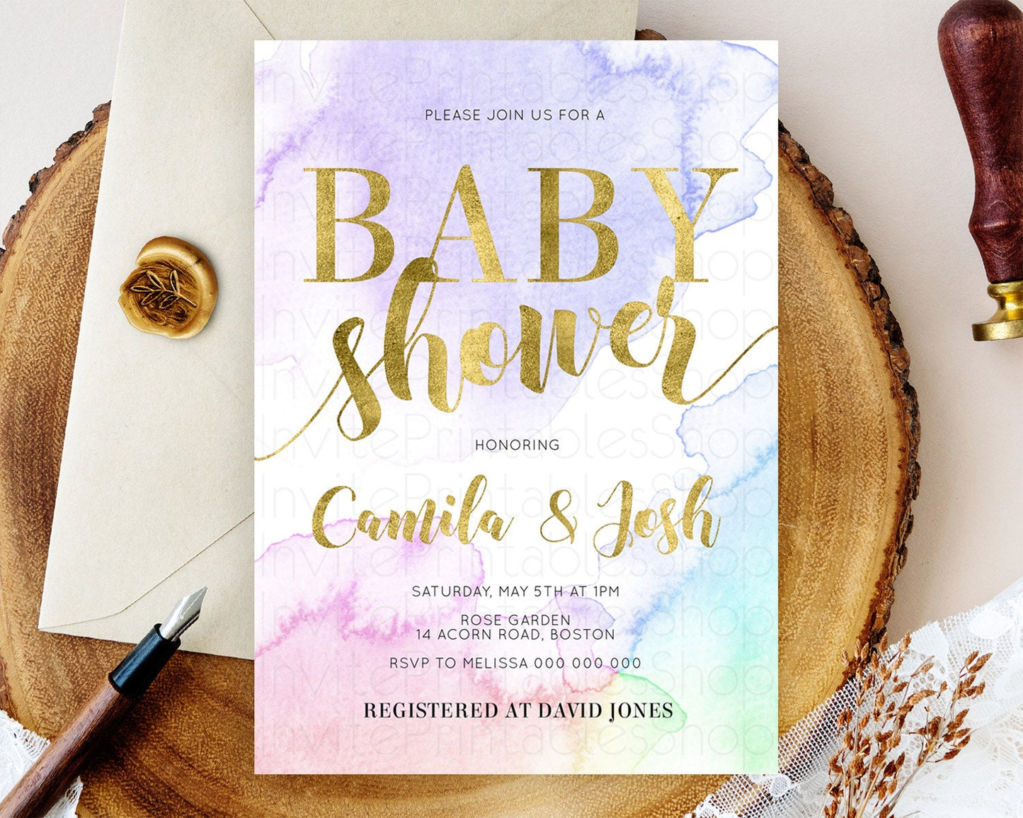 Pastel Baby Shower Invitation Rainbow Baby Shower Invitation Colorful Pastel Watercolor Invitation Gold Glitter Sprinkles Ombre D10216