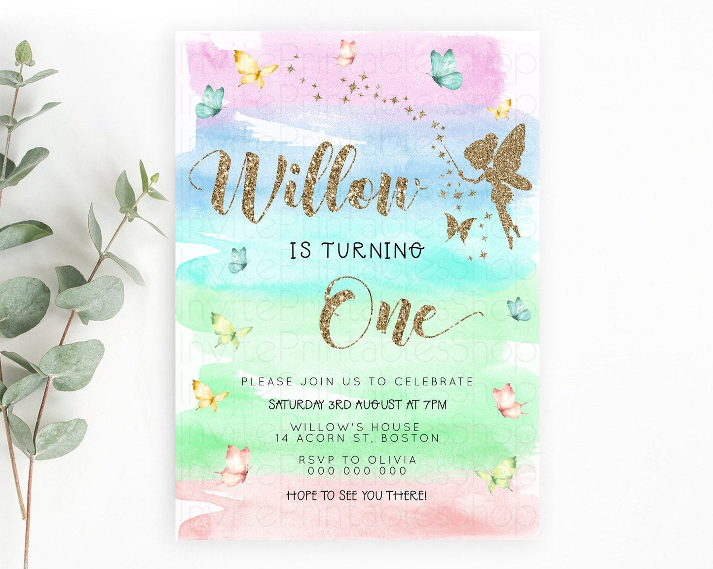 Pastel Fairy Birthday Invitation Pastel Butterflies Fairy Birthday Invitation Rainbow Ombre Watercolor 1st 2nd Birthday Invitation D23320