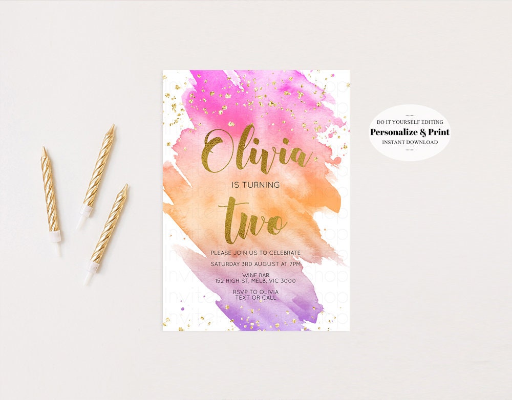 Pastel Birthday Invite Pink Pastel Birthday Invitation Orange Purple Watercolor Invite Ombre Pastel Invitation Glitter Sprinkles Invite 516