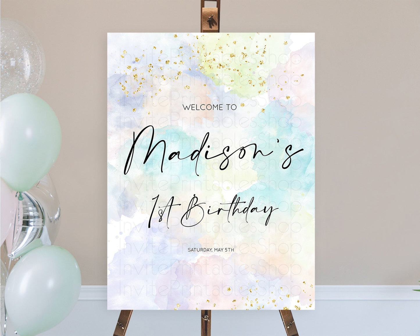 Pastel Welcome Sign Pastel Rainbow Welcome Sign Colorful Rainbow Confetti Watercolor Glitter Pastel First Birthday Welcome Sign D10613