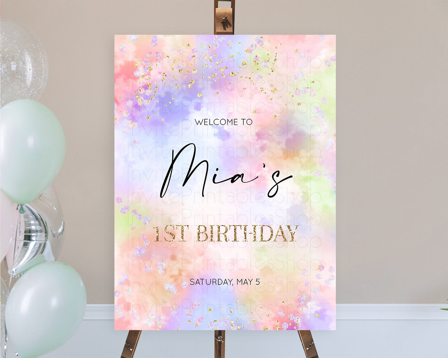 Pastel Welcome Sign Pastel Rainbow Welcome Sign Colorful Rainbow Confetti Watercolor Glitter Pastel First Birthday Welcome Sign D10610