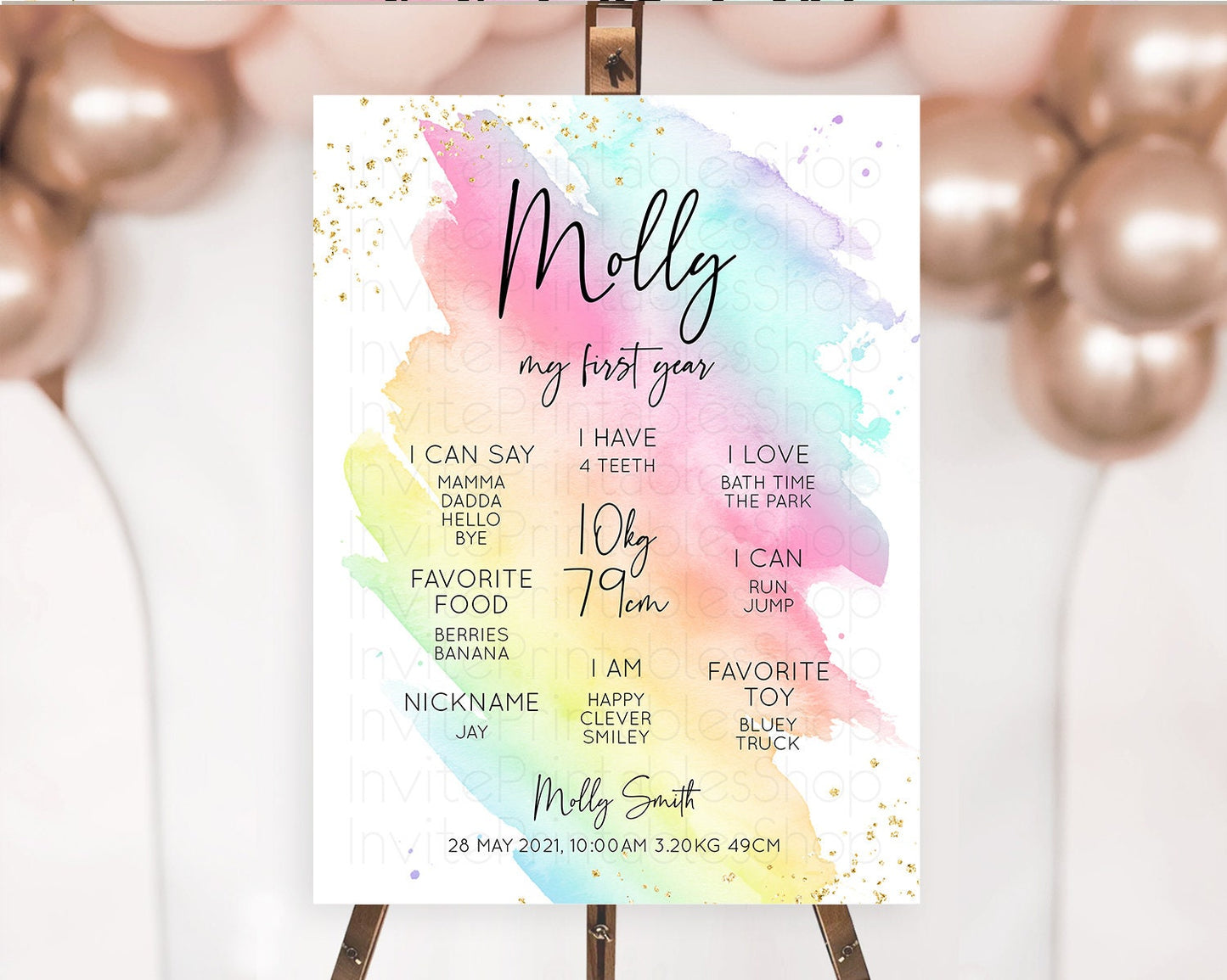 Pastel First Birthday Milestone Board Pastel Rainbow Milestone Poster Colorful Confetti Watercolor Glitter 1st Birthday Welcome Sign D10495