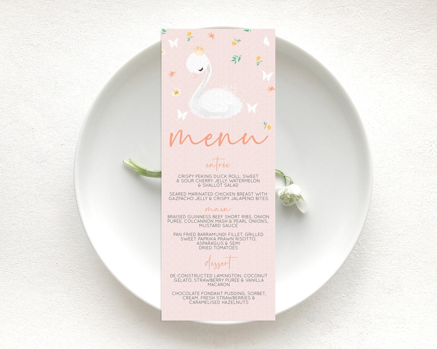 Swan Menu Swan Princess Ballet Menu Template Enchanted Swan Lake Table Decor Secret Garden Pastel Floral Dinner Dessert Food Menu D10388