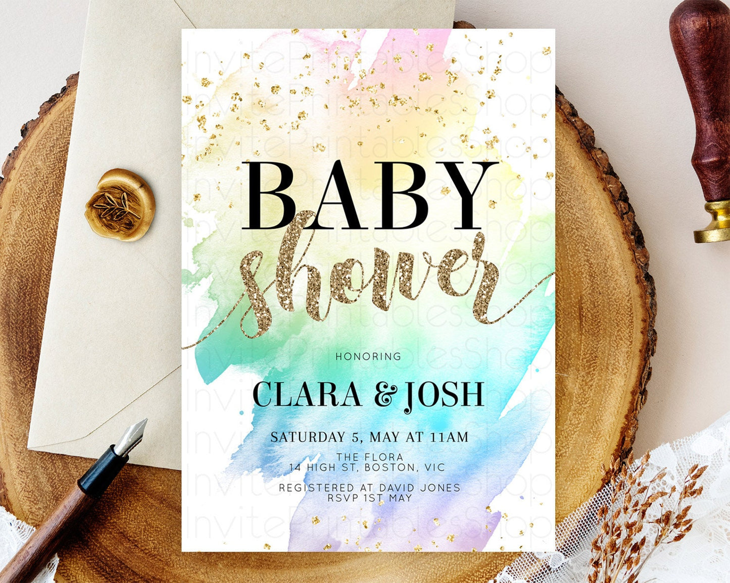 Pastel Baby Shower Invitation Rainbow Baby Shower Invitation Colorful Pastel Watercolor Invitation Gold Glitter Sprinkles Ombre D10259