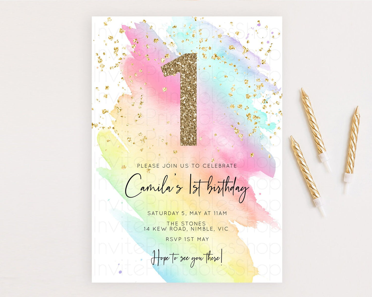 Rainbow Birthday Invitation Colorful Pastel Watercolor Invitation Gold Glitter Sprinkles Ombre Pastel 1st 2nd 3rd Birthday D10495