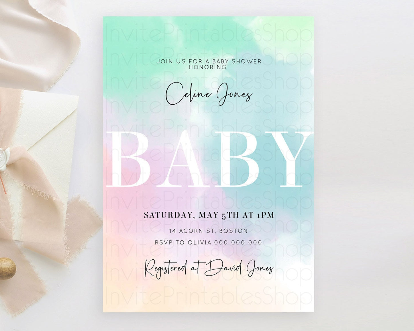 Pastel Rainbow Baby Shower Invitation: Colorful Watercolor with Gold Glitter and Ombre, Clouds - Blue Green Pink Theme Gender Reveal D10375