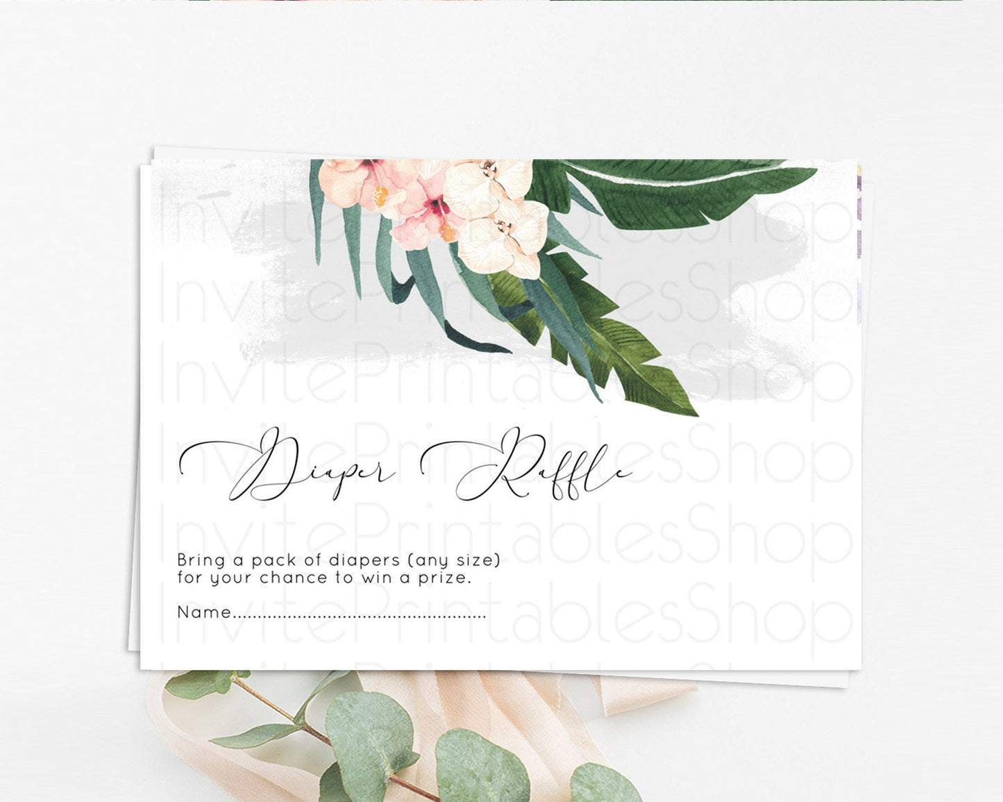 Tropical Diaper Raffle Card Tropical Diaper Raffle Insert Palm Leaf Diaper Ticket Fern Frangipani Floral White Orchid Raffle Game D11011