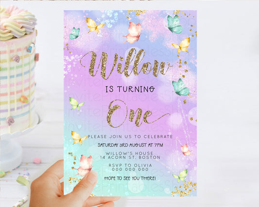 Pastel Butterfly Birthday Invitation Butterfly Birthday Invitation Colorful Splash Glitter Butterfly Garden 1st 2nd Birthday D23091