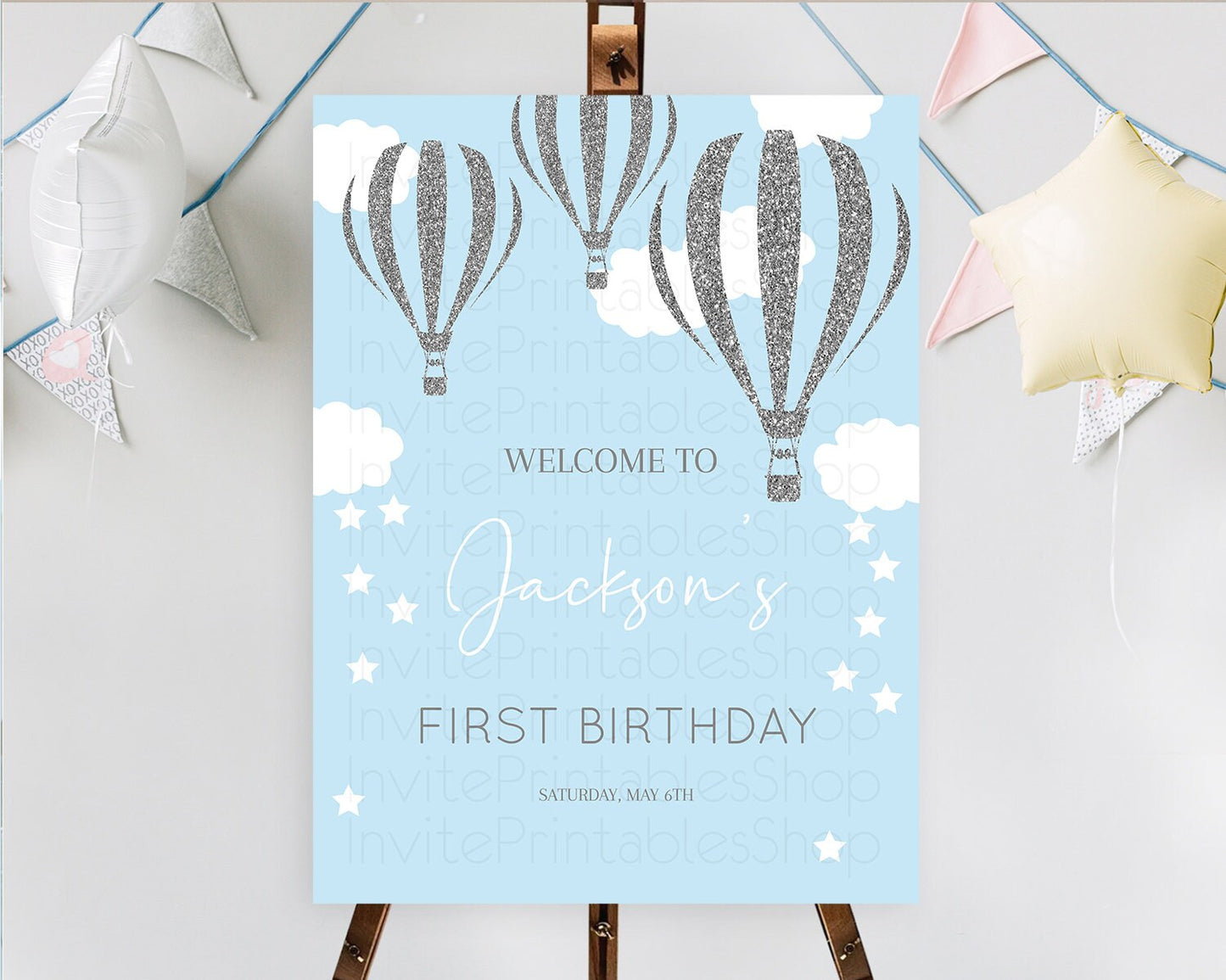 Hot Air Balloon First Birthday Welcome Board Hot Air Balloon Welcome Board Adventure Awaits Watercolor First Birthday Welcome Sign D10335