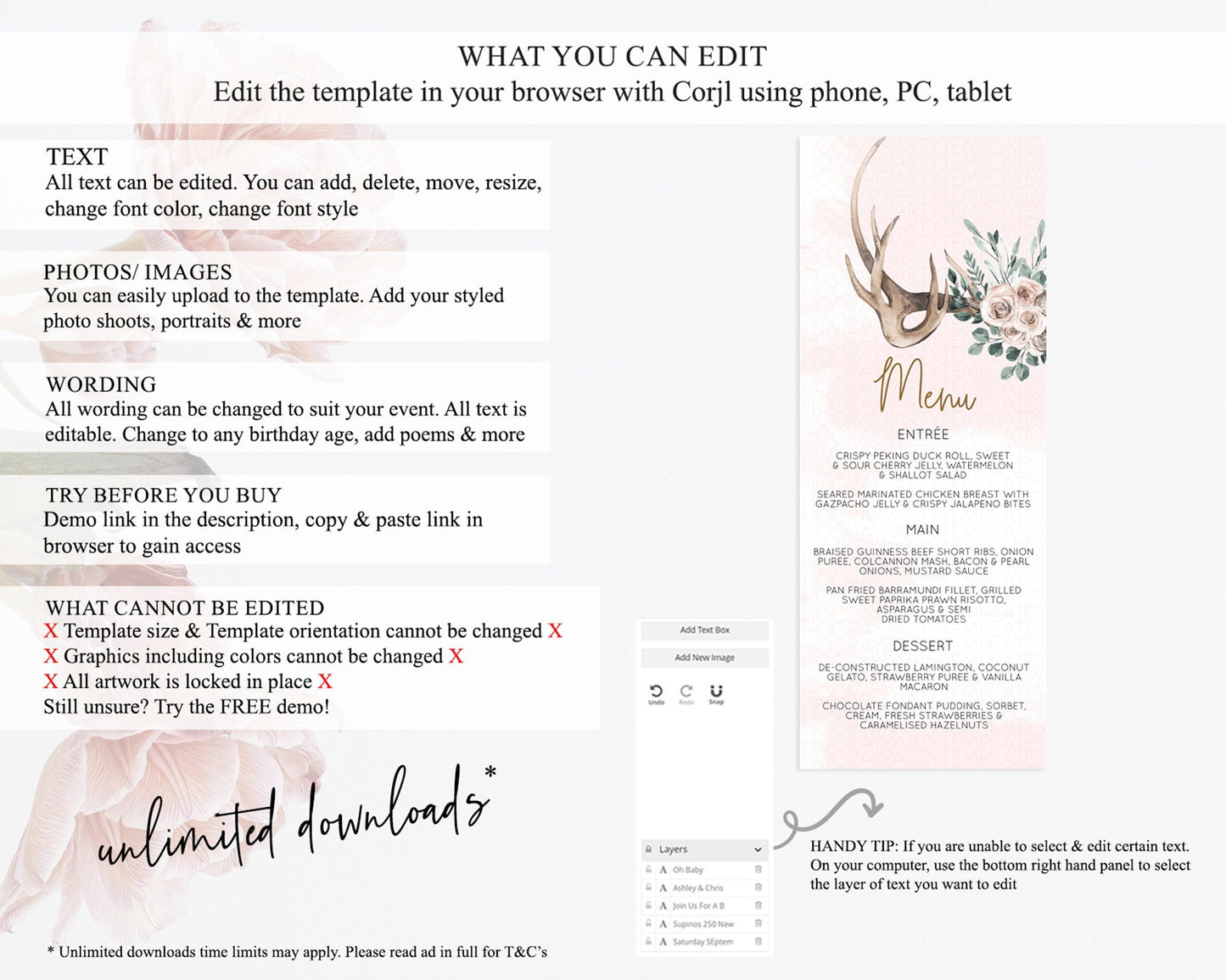 Secret Garden Menu Wildflower Menu Template Pastel Flower Garden Table Decor Boho Floral Dinner Dessert Floral Party Food Menu D11010
