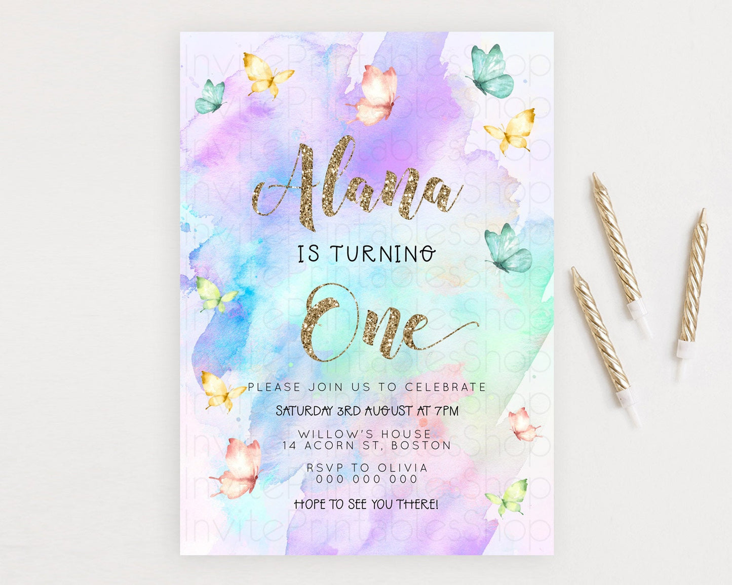 Pastel Butterfly Birthday Invitation Butterfly Birthday Invitation Colorful Splash Glitter Butterfly Garden 1st 2nd Birthday D23244