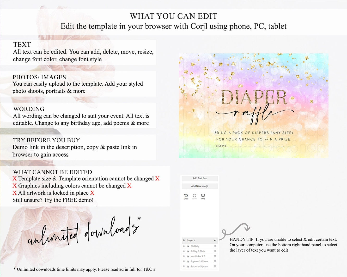 Pastel Diaper Raffle Card Pastel Rainbow Diaper Raffle Insert Colorful Ombre Watercolor Diaper Ticket Confetti Glitter Raffle Game D10647