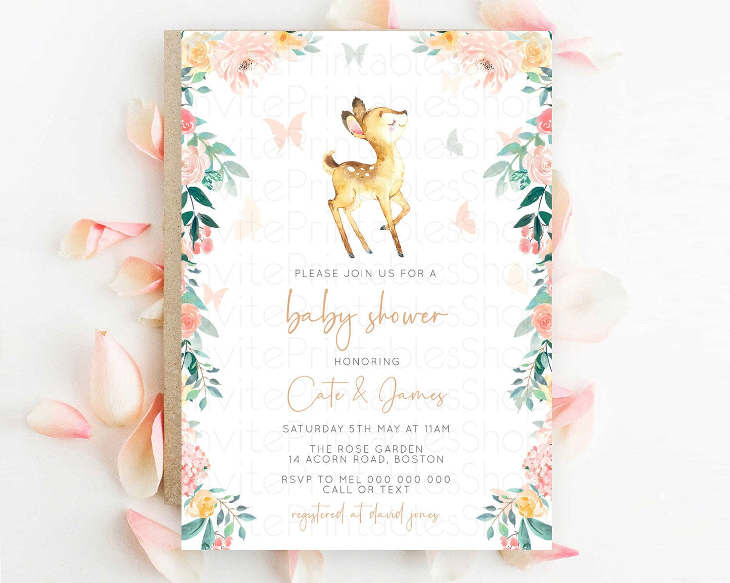 Fawn Baby Shower Invitation Deer Baby Shower Invites Enchanted Forest Theme Butterfly Pastel Flowers Whimsical Baby Shower D10753