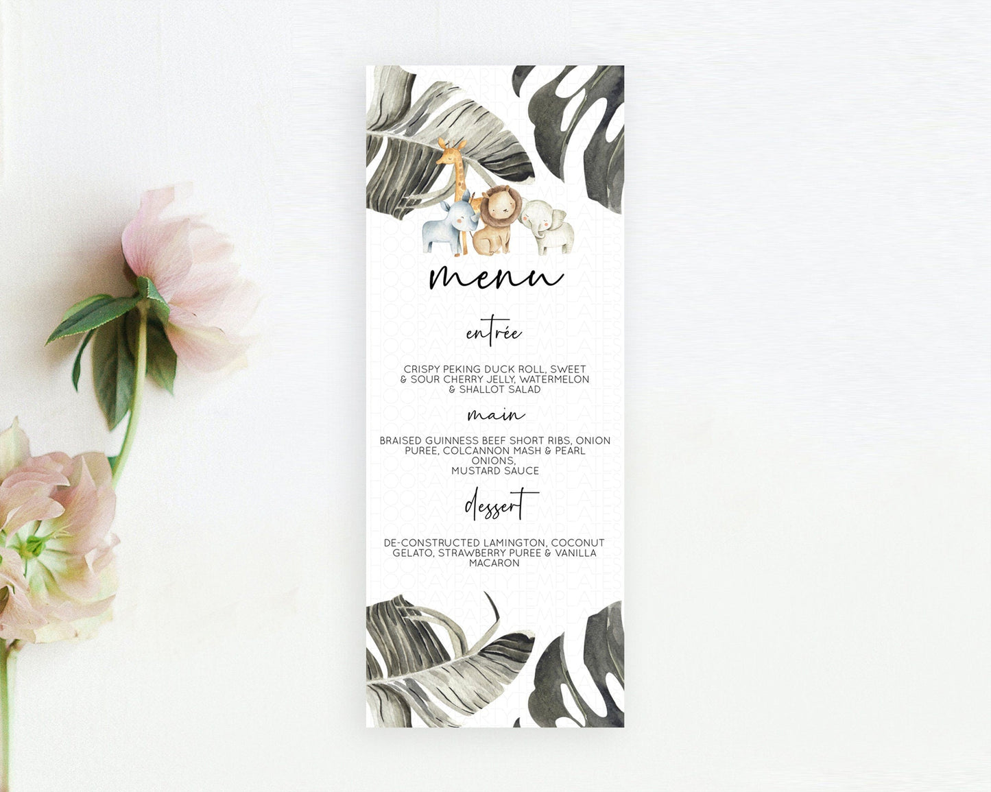 Safari Menu Safari Menu Template Lion Gorilla Elephant Rhino Tropical Palm Zoo Table Decor Safari Dinner Dessert Menu Food Menu D10599