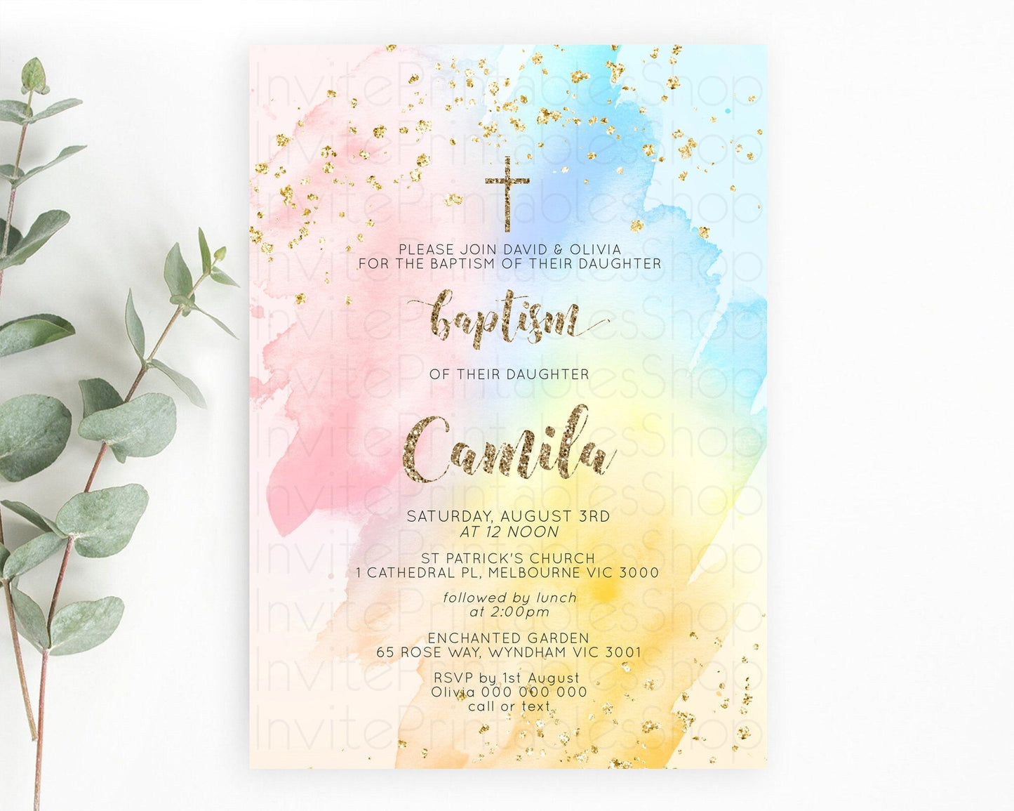 Pastel Baptism Invitation Pastel Colors Watercolor Baptism 1st Birthday Party Gold Ombre Pastel Rainbow Christening Holy Communion D10556