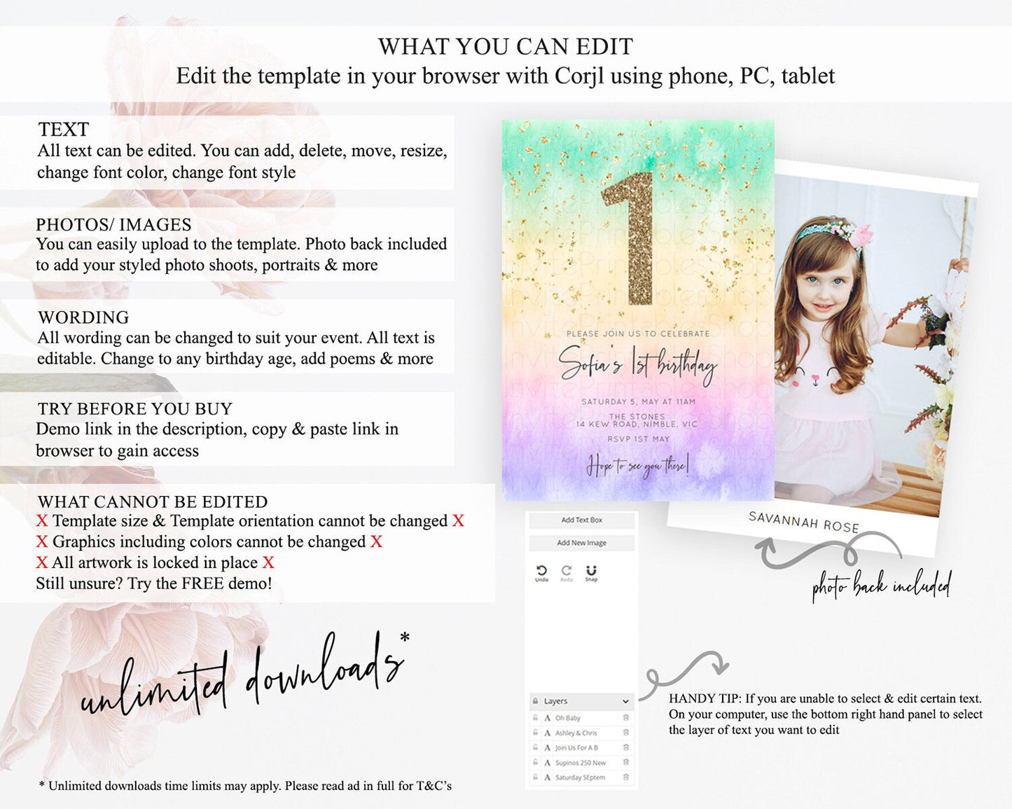Rainbow Birthday Invitation Colorful Pastel Watercolor Invitation Gold Glitter Sprinkles Ombre Pastel 1st 2nd 3rd Birthday D10485