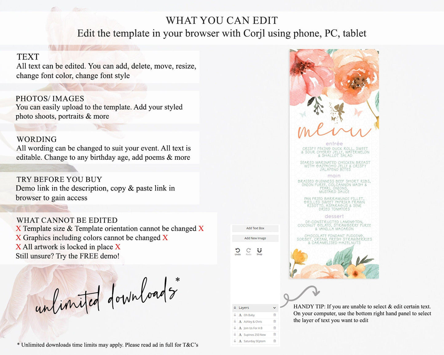 Fairy Menu Fairy Menu Template Enchanted Garden Pastel Floral Butterfly Table Decor Fairy Secret Garden Dinner Dessert Food Menu D10346