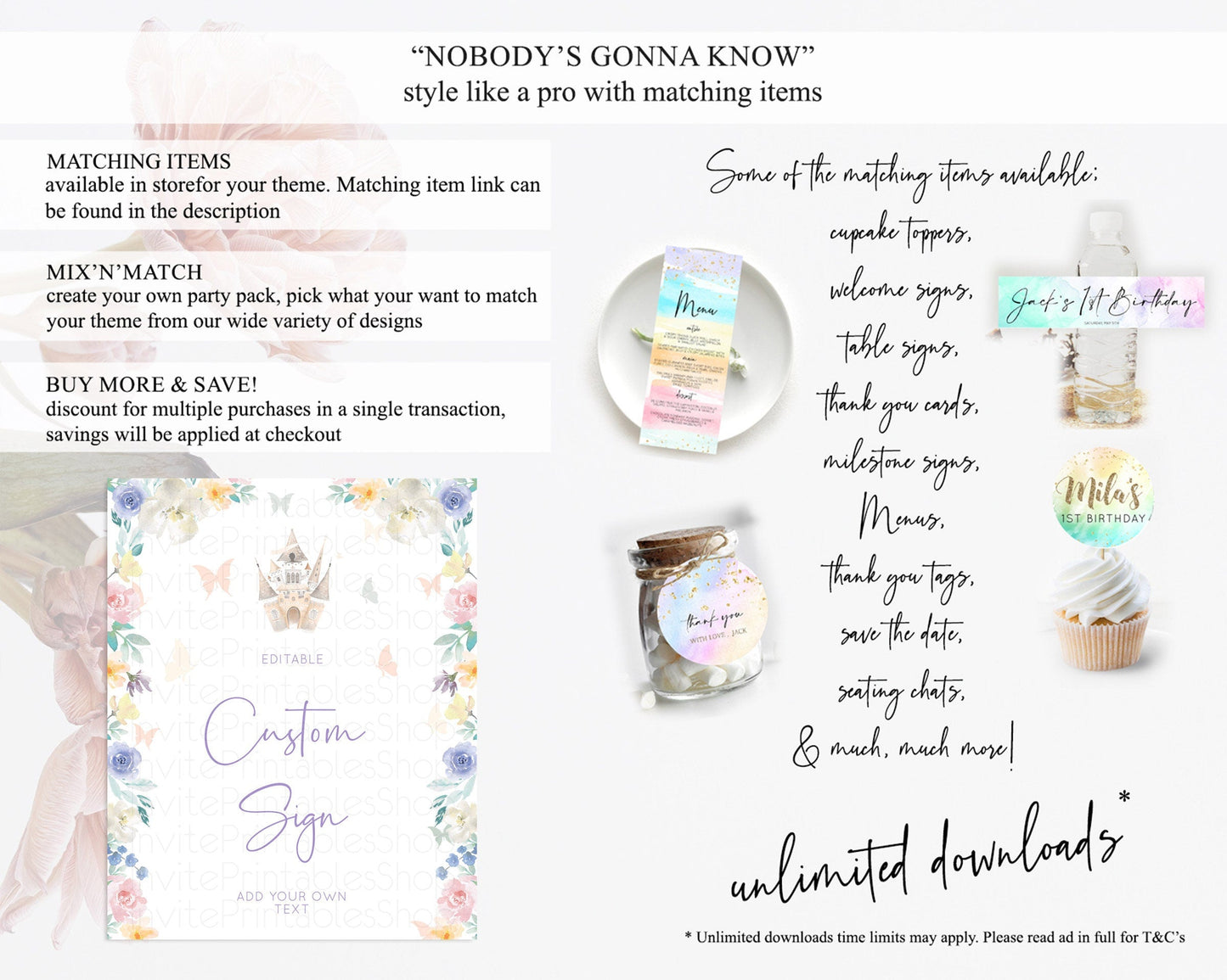 Princess Party Table Sign Decor Secret Garden Enchanted Castle Pastel Floral Royal Party For 1st Birthday Baptism Baby Shower D10709