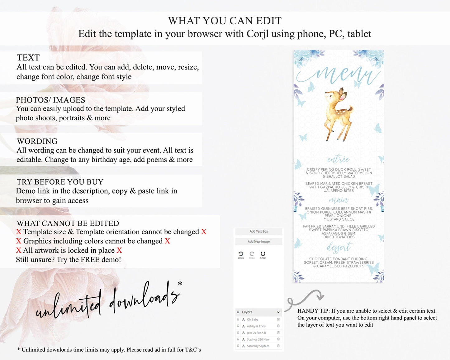 Fawn Menu Deer Menu Template Pastel Floral Deer Table Decor Enchanted Forest Butterfly Floral Dinner Dessert Menu Party Food Menu D10917