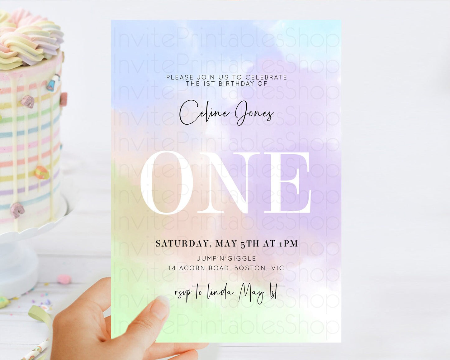 Rainbow Birthday Invitation Colorful Pastel Watercolor Invitation Gold Glitter Sprinkles Ombre Pastel 1st 2nd 3rd Birthday D10371