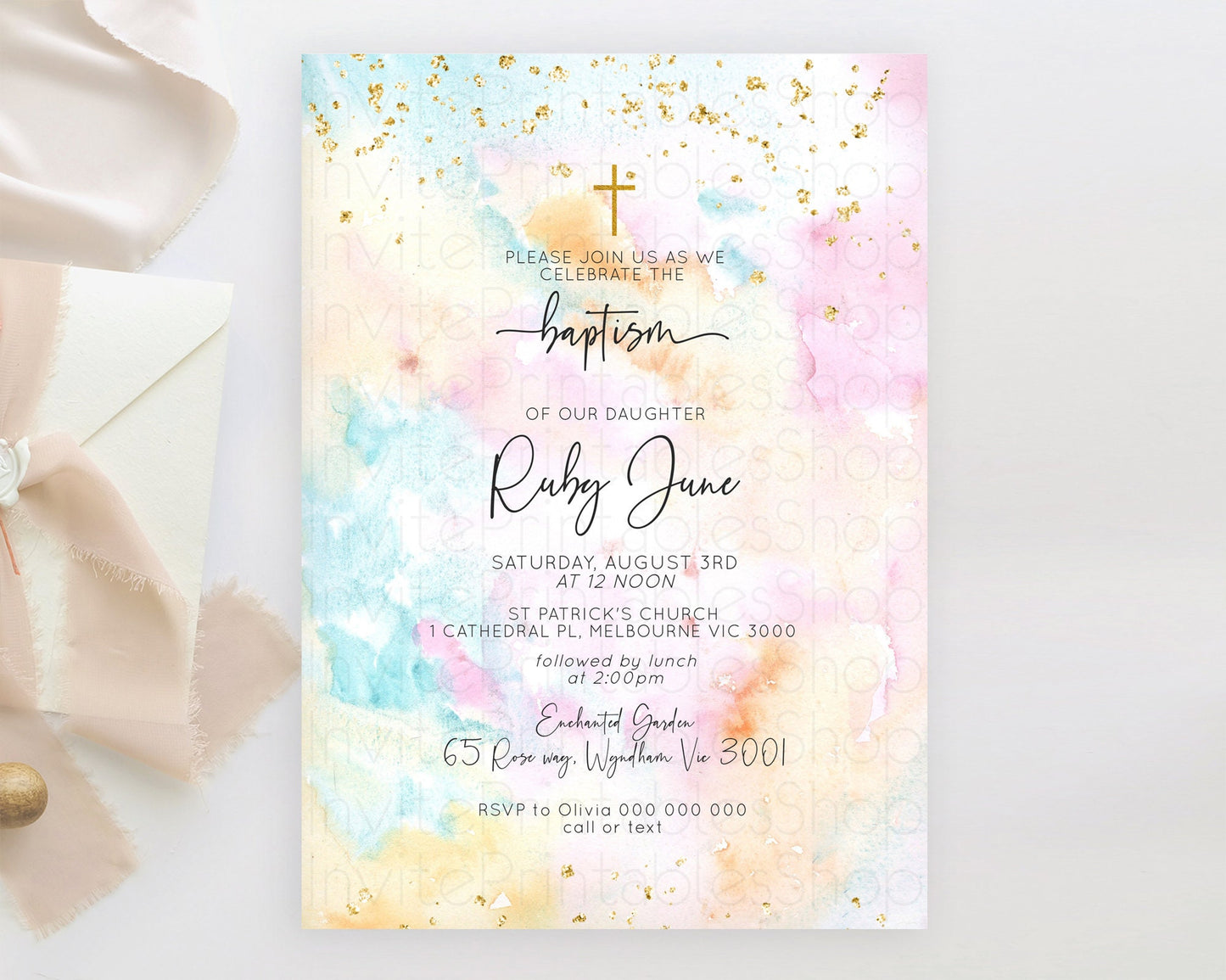 Pastel Baptism Invitation Pastel Colors Watercolor Baptism 1st Birthday Party Gold Ombre Pastel Rainbow Christening Holy Communion D10548