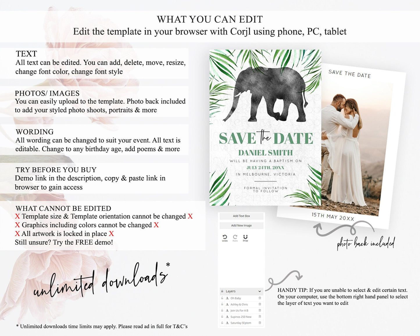 Elephant Save The Date Template Elephant Safari Adventure Party Dried Palm Fern Zoo 1st Birthday Baptism Baby Shower Bridal Shower D10842
