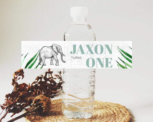 Elephant Water Label Template Elephant Safari Adventure Party Decor Dried Palm Fern Zoo Birthday Baptism Baby Shower Bridal Shower D10850