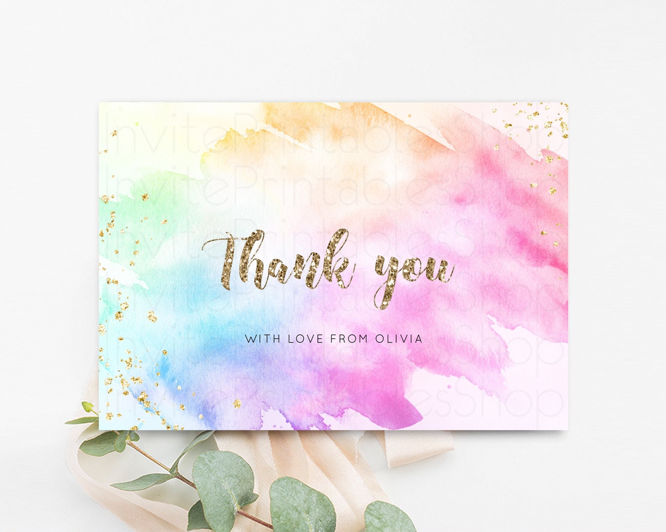 Pastel Rainbow Thank you Colorful Watercolor Folded Gift Cards Custom Note Message Glitter Birthday Engaged Baby Shower Wedding Guests g504