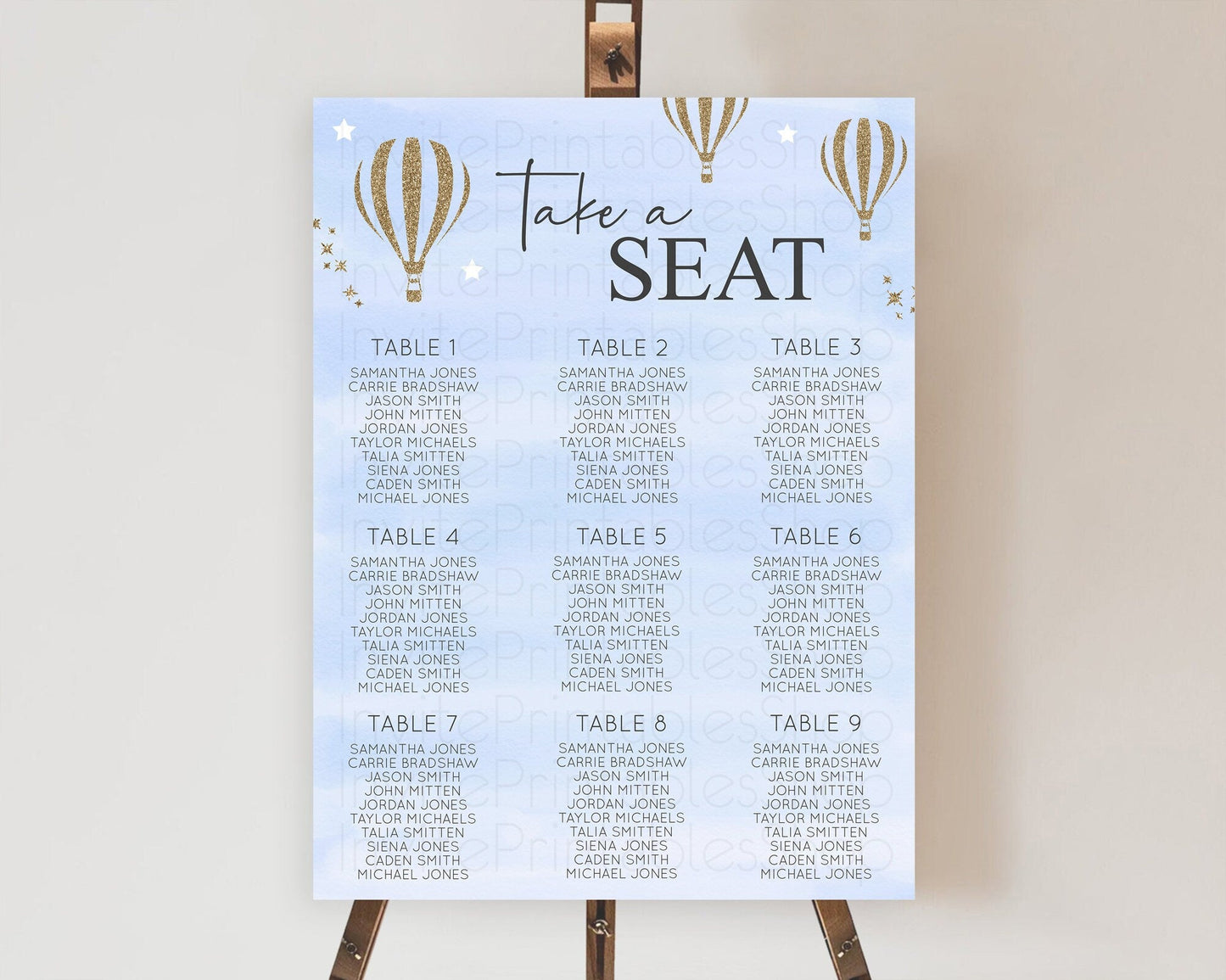 Hot Air Balloon Seating Chart Hot Air Balloon Seating Chart Adventure Awaits Up & Away Glitter Blue Watercolor Seating Take a Seat D10333