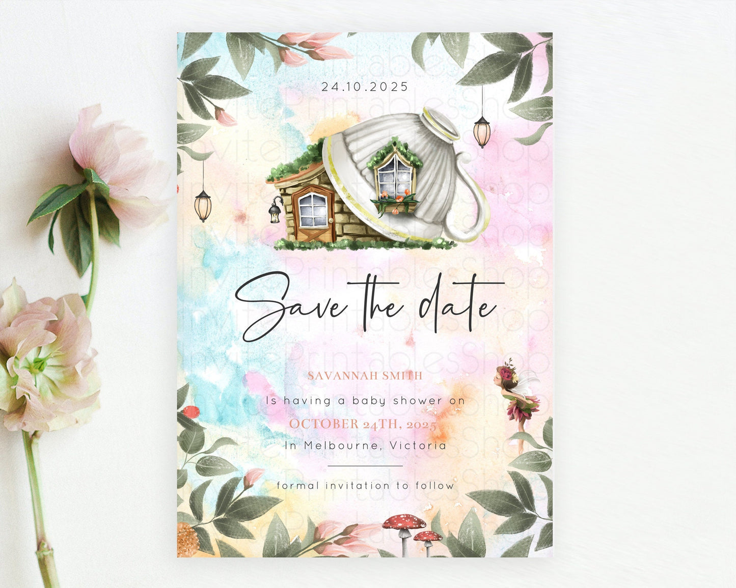 Fairy Save The Date Template Enchanted Garden Pastel Floral Butterfly Party Secret Garden Birthday Baptism Baby Shower Bridal Shower D10555