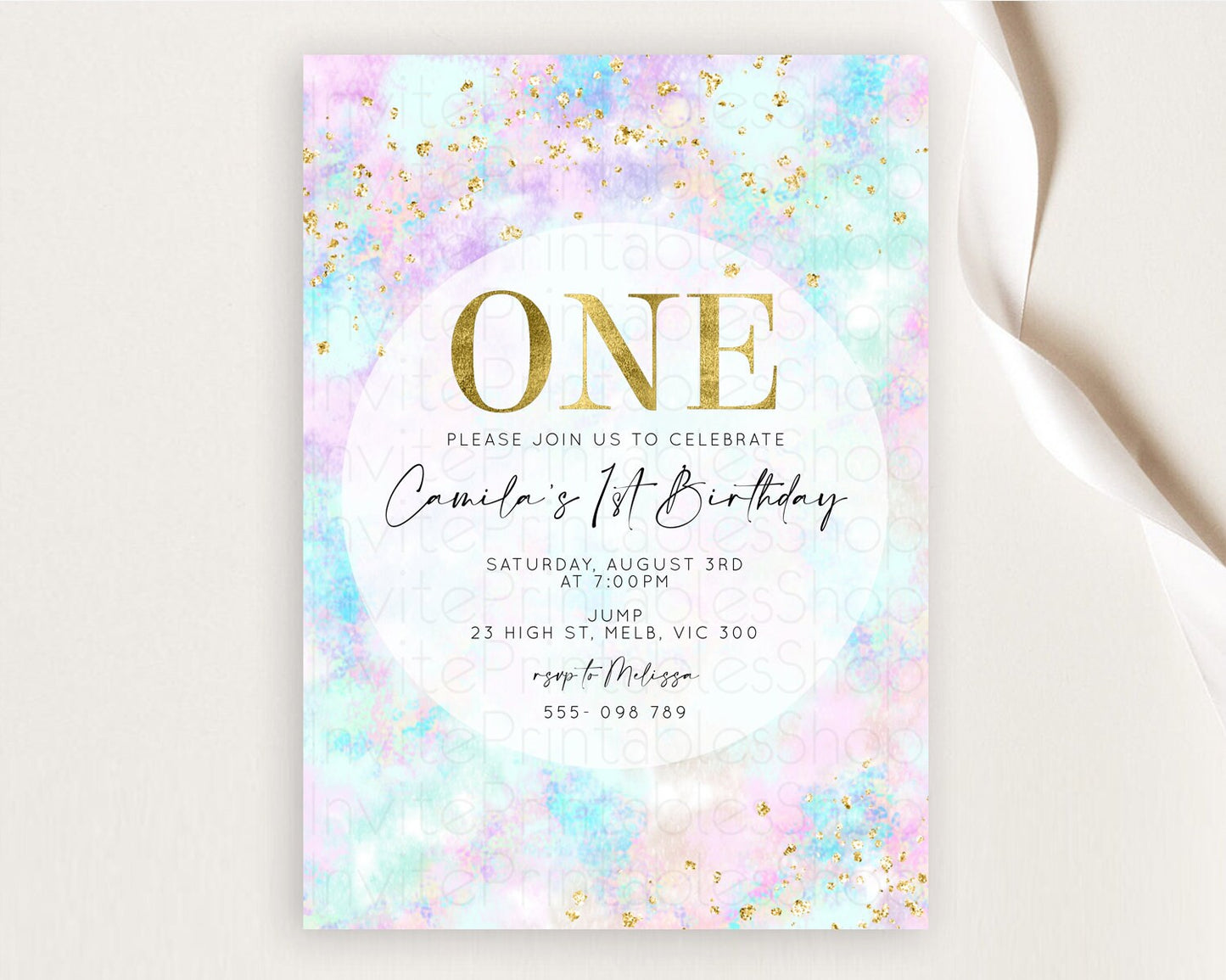 Rainbow Birthday Invitation Colorful Pastel Watercolor Invitation Gold Glitter Sprinkles Ombre Pastel 1st 2nd 3rd Birthday D10652