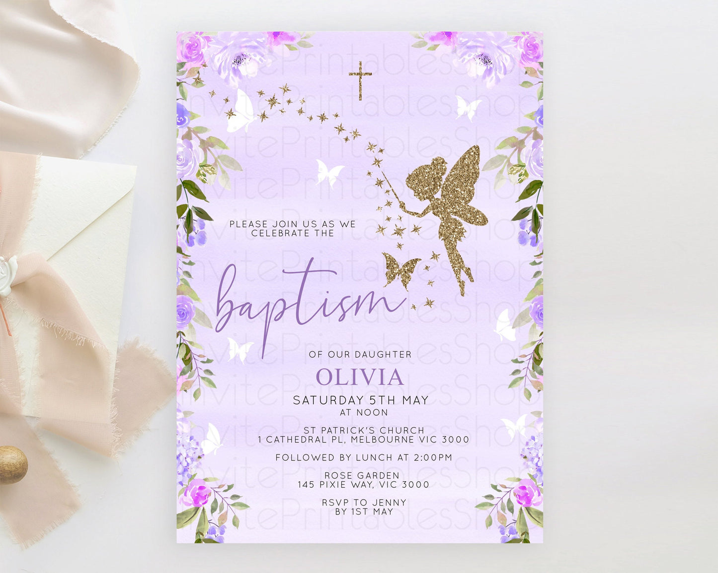 Fairy Baptism Invitation Fairy Baptism 1st Birthday Invitation Enchanted Secret Garden Christening Invite Pastel Floral Butterfly D10910