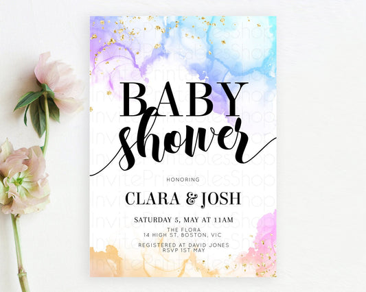 Pastel Baby Shower Invitation Rainbow Baby Shower Invitation Colorful Pastel Watercolor Invitation Gold Glitter Sprinkles Ombre D11018