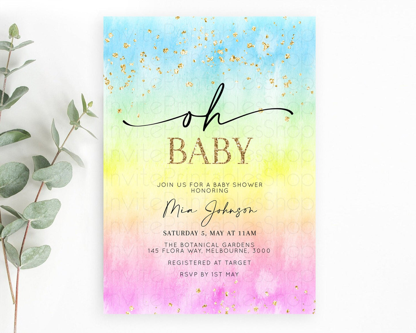 Pastel Baby Shower Invitation Rainbow Baby Shower Invitation Colorful Pastel Watercolor Invitation Gold Glitter Sprinkles Ombre D10483