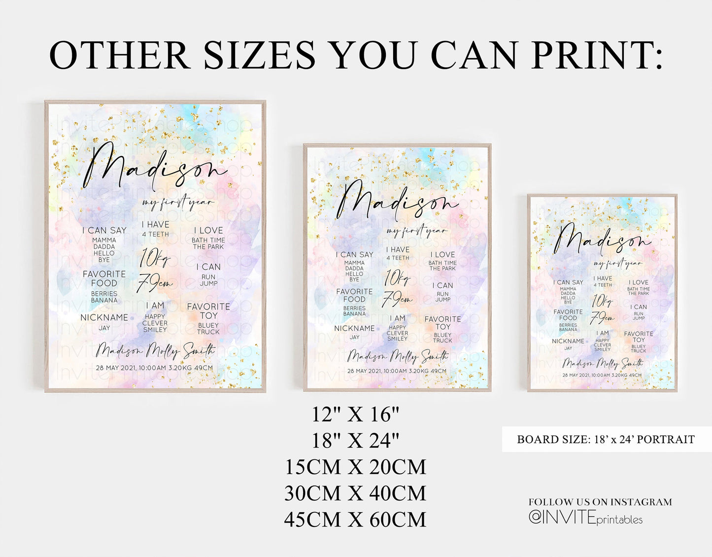 Pastel First Birthday Milestone Board Pastel Rainbow Milestone Poster Watercolor Glitter One Year Poster Colorful Splash Baby 1st Year 588