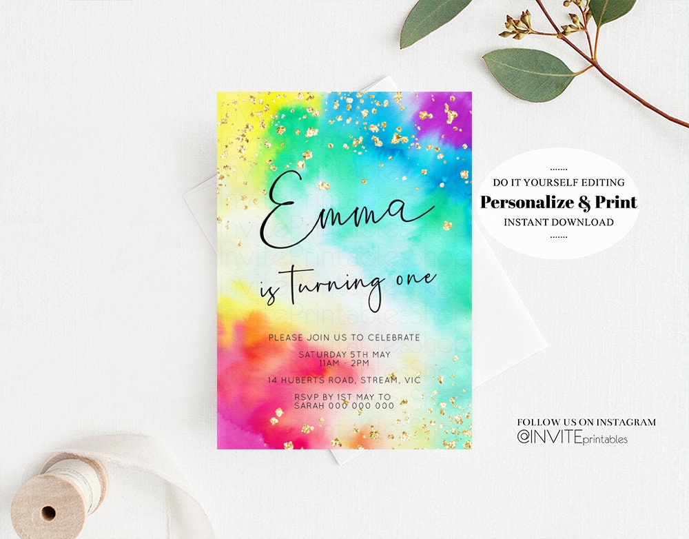 Tie Dye Rainbow Birthday Invitation Ombre Pastel Invitation Colorful Watercolor Splash Gold Glitter Sprinkles Printable Digital Invite 511