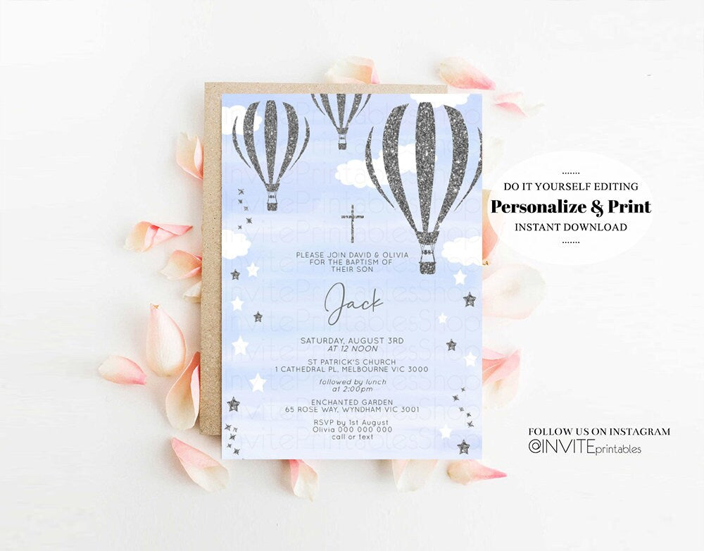 Hot Air Balloon Baptism Christening Invitation Confetti Sprinkle Magical Stars Sky Clouds Orthodox Silver Cross Blue Hotair Balloon