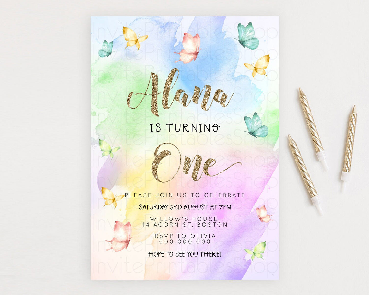 Pastel Butterfly Birthday Invitation Butterfly Birthday Invitation Colorful Splash Glitter Butterfly Garden 1st 2nd Birthday D23257