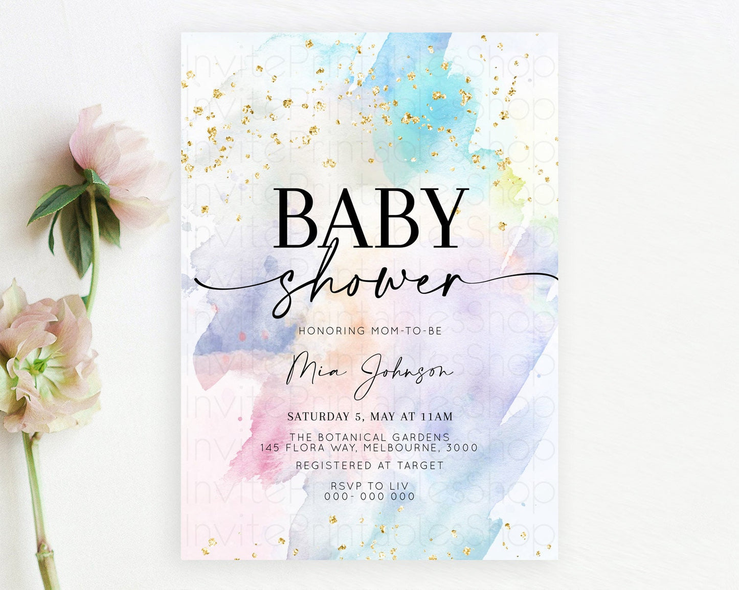 Pastel Baby Shower Invitation Rainbow Baby Shower Invitation Colorful Pastel Watercolor Invitation Gold Glitter Sprinkles Ombre D10420