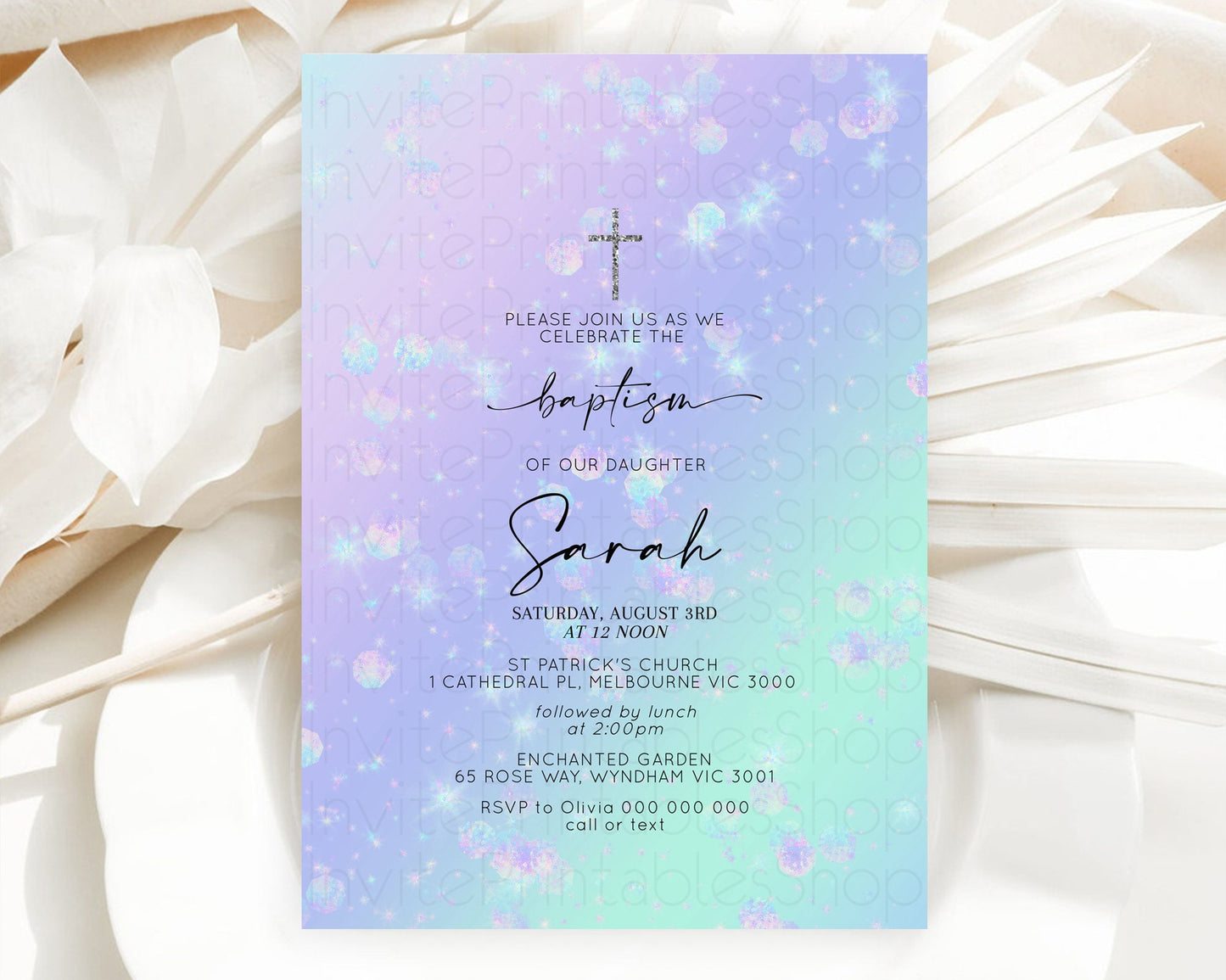 Rainbow Baptism Invitation Colorful Pastel Watercolor Baptism 1st Birthday Invitation Iridescent Glitter Sprinkles Ombre Christening D10663