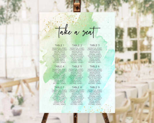 Green Seating Chart Green Watercolor Seating Chart Pastel Green Watercolor Seating Chart Green Splash Watercolor Gold Décor D10170