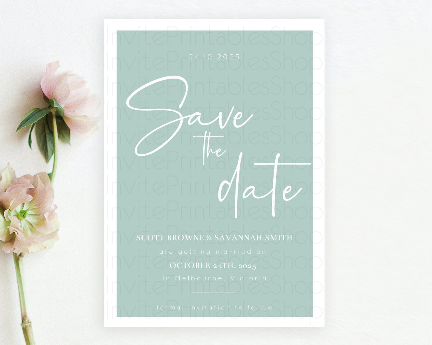 Minimalist Green Save The Date Template Simple Modern Green Party Theme For 1st Birthday Baptism Baby Shower Wedding Bridal Shower D10736