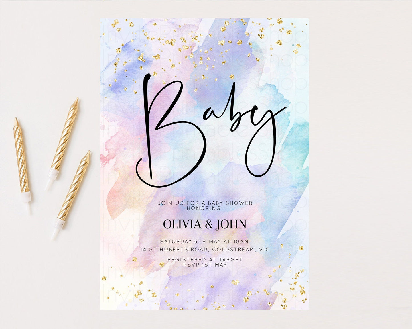 Rainbow Baby Shower Invitation Watercolor Pastel Invitation Colorful Splash Baby Invite Gold Glitter Sprinkles Ombre Gender Reveal t576