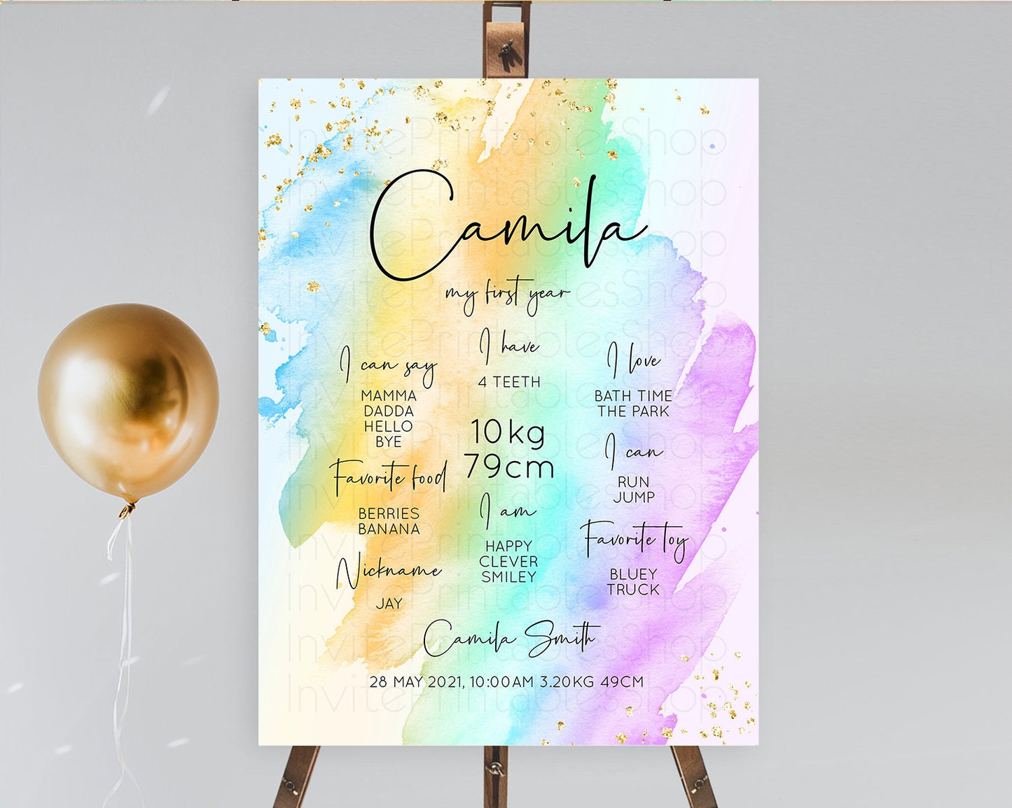 Pastel First Birthday Milestone Board Pastel Rainbow Milestone Poster Colorful Confetti Watercolor Glitter 1st Birthday Welcome Sign D10427
