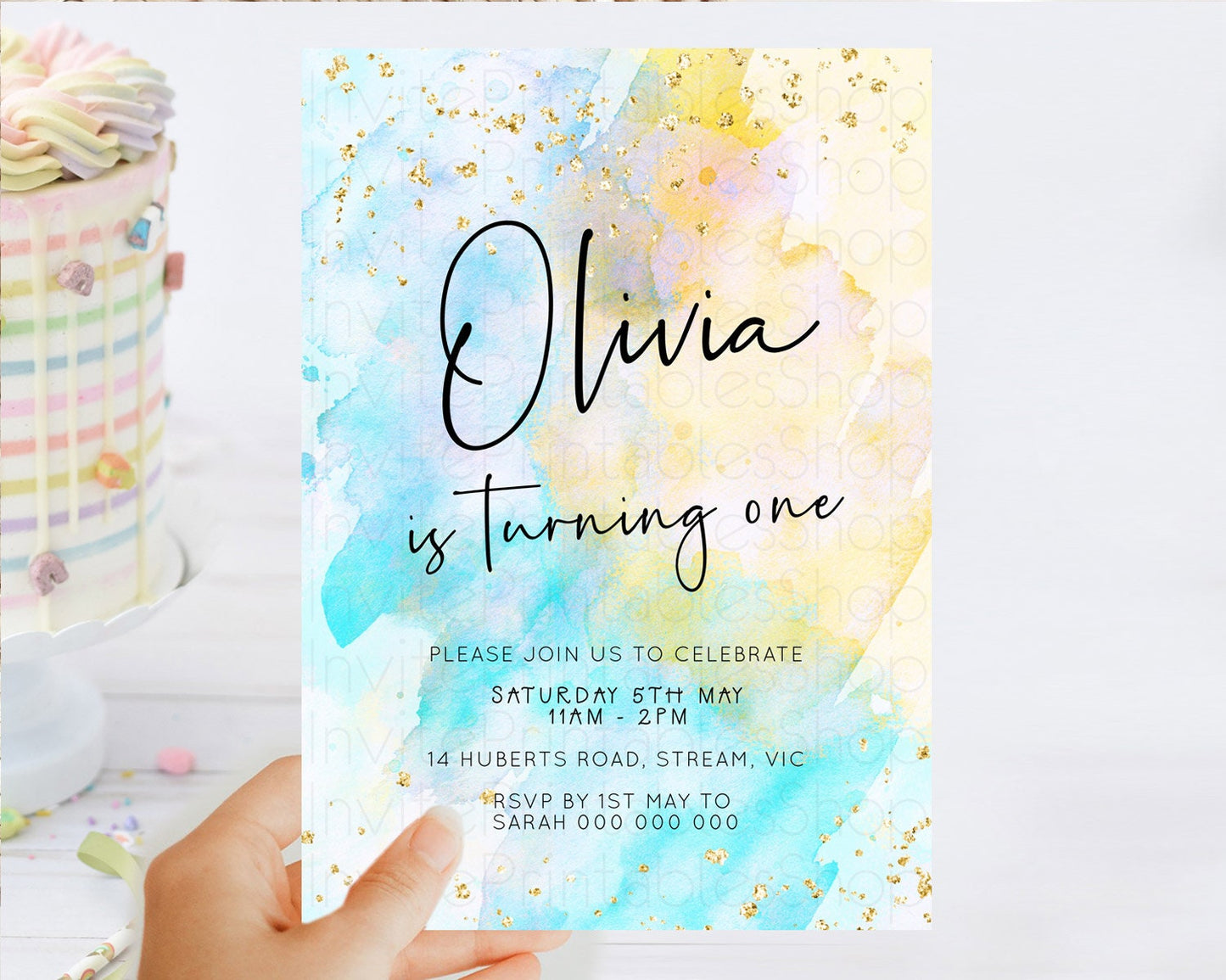 Pastel Birthday Invitation Ombre Watercolor Birthday Invitation Glitter Rainbow Color Splash 1st 2nd 3rd Birthday Invitation D23070