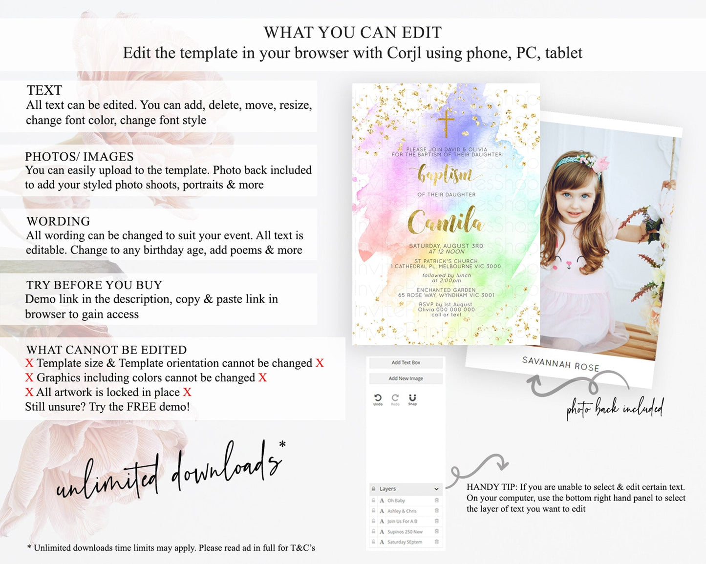 Pastel Baptism Invitation Pastel Colors Watercolor Baptism 1st Birthday Party Gold Ombre Pastel Rainbow Christening Holy Communion D10876