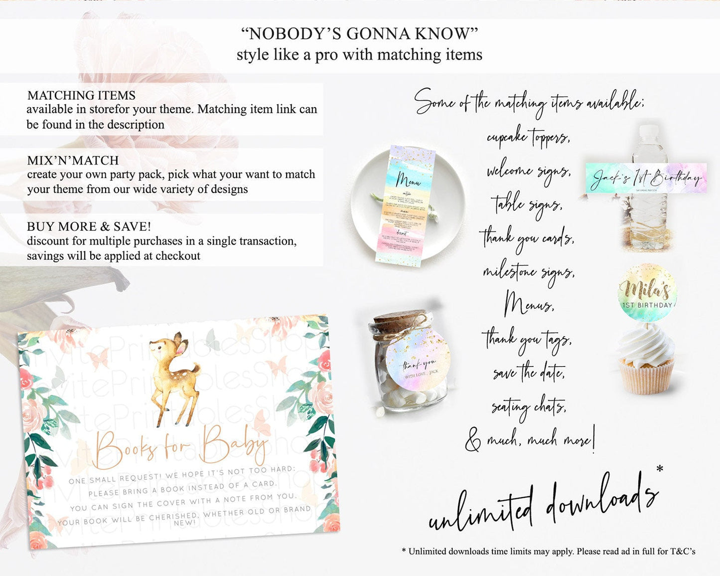 Fawn Books For Baby Card Deer Book Insert Floral Deer Book Card Enchanted Forest Butterfly Pastel Baby Shower Book Poem Request D10753